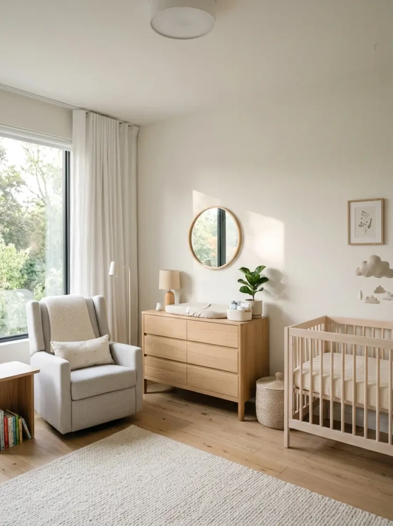 Minimal nursery with a small wall mirror that reflects light and enhances the sense of space.