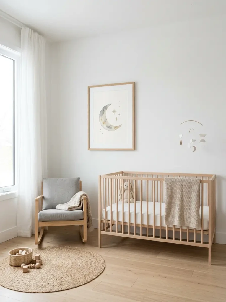 Clean and simple nursery with white walls and minimal wall decor for a calm and uncluttered look.