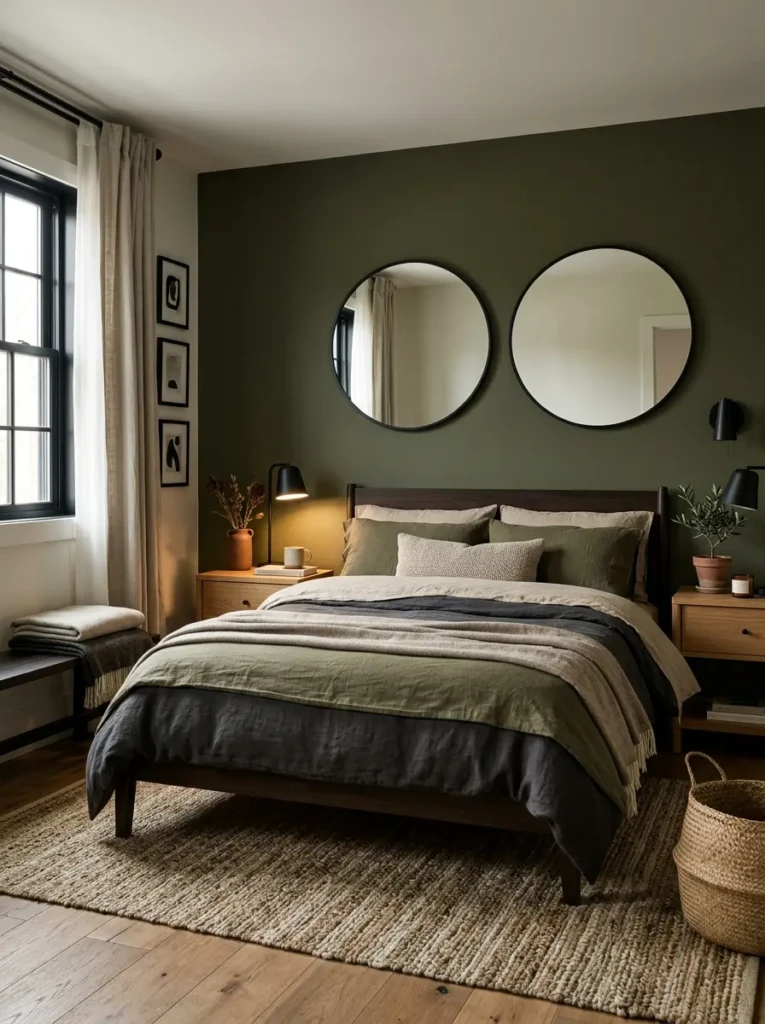 Contemporary olive green bedroom with black-framed mirrors, wood furniture, linen bedding, and cozy modern styling.