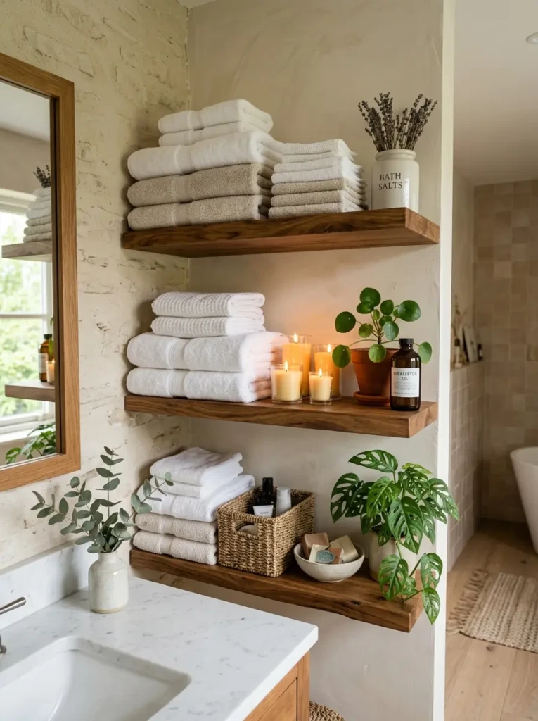 open shelves with neatly stacked towels creating a spa-like bathroom look