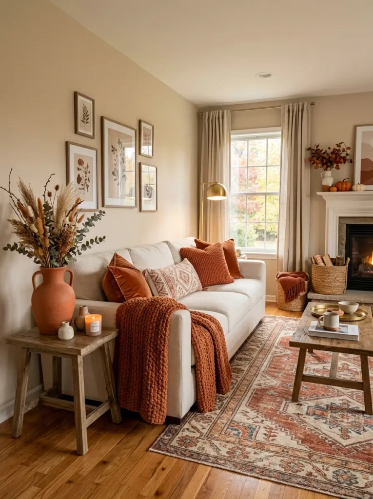 Cozy living room with burnt orange pillows, rust throw blanket, and terracotta accents.