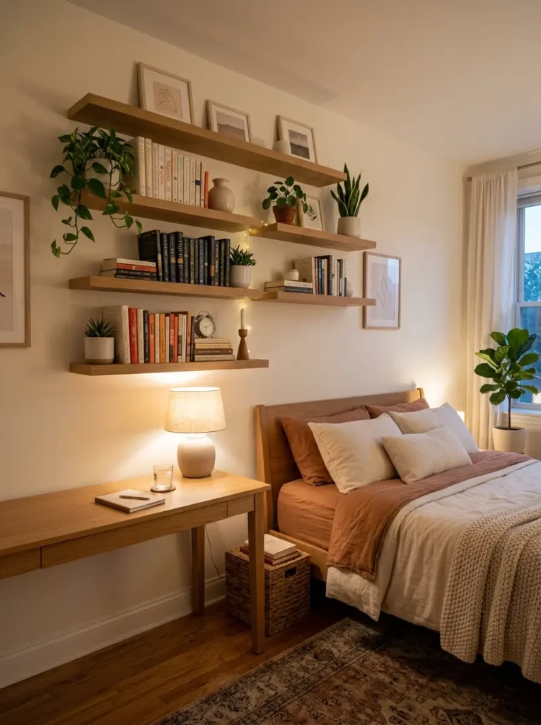 clean and organized bedroom using shelves in bedroom for storage and decor