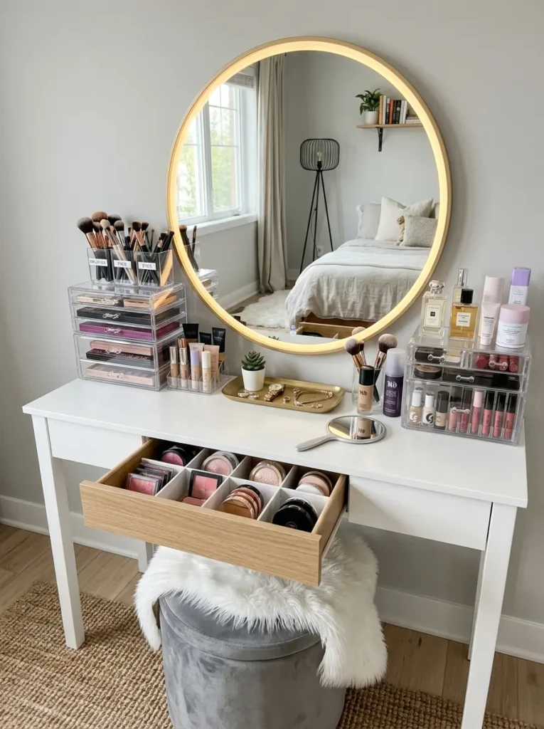 Neatly arranged vanity with drawers and acrylic organizers keeping makeup tidy