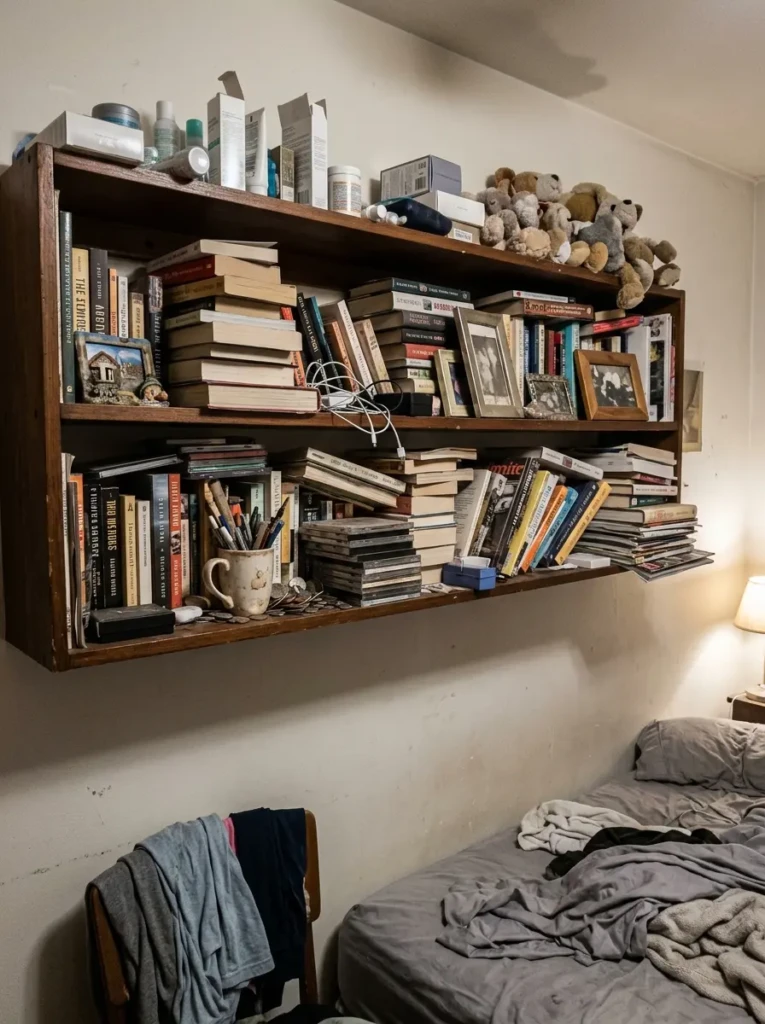 cluttered shelves in bedroom with too many items causing messy look