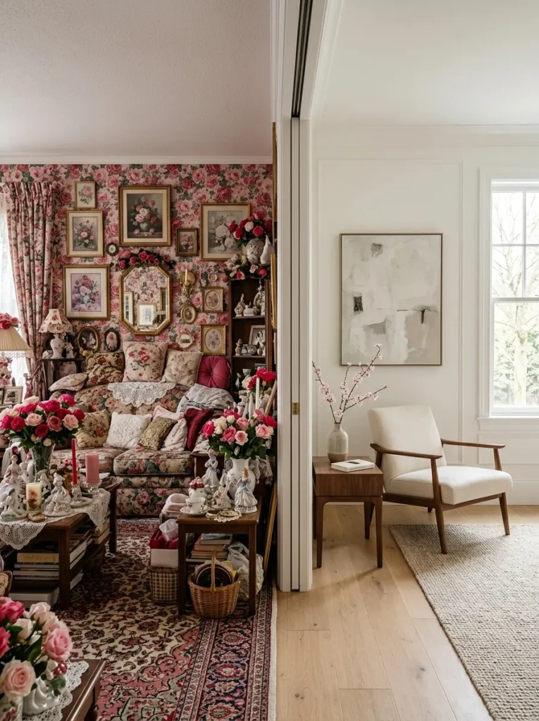 Cluttered living room with excessive decor compared to a clean elegant living room with balanced rose accents