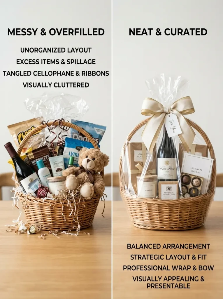 Comparison of an overfilled messy basket and a neatly organized gift basket on a plain background