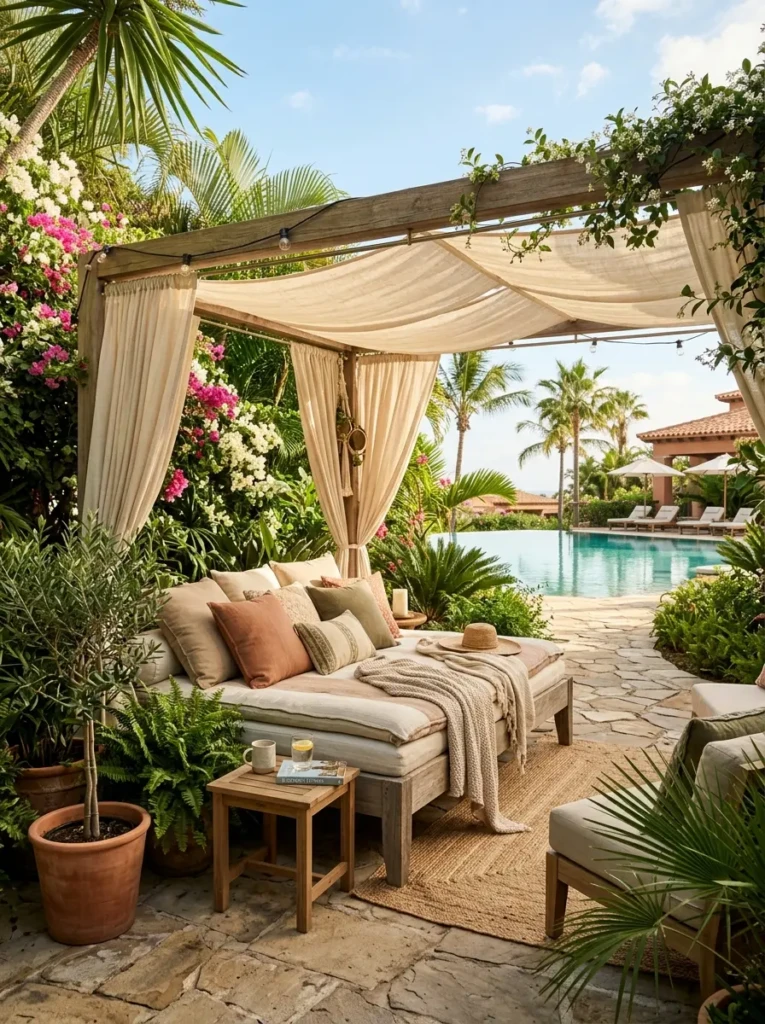 Cozy outdoor patio with a cushioned daybed, greenery and soft sunlight creating a relaxing atmosphere