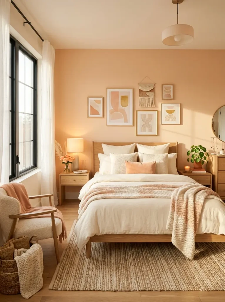 Warm modern bedroom with soft peach walls, cream bedding, light oak furniture, and cozy natural sunlight.