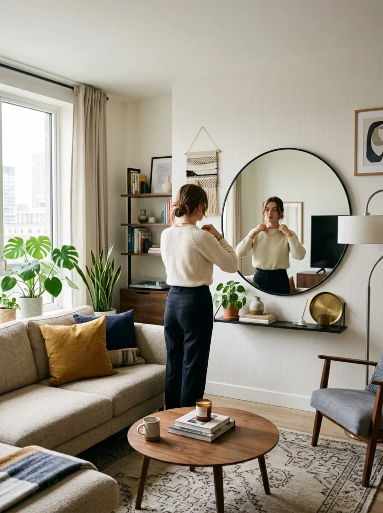 Modern living room with stylish mirror used for both decoration and practical everyday use