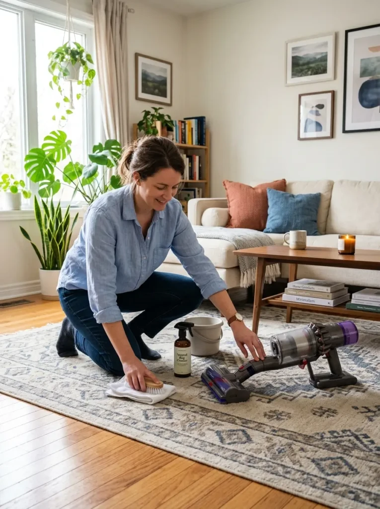Person vacuuming and cleaning a living room rug to maintain freshness and durability