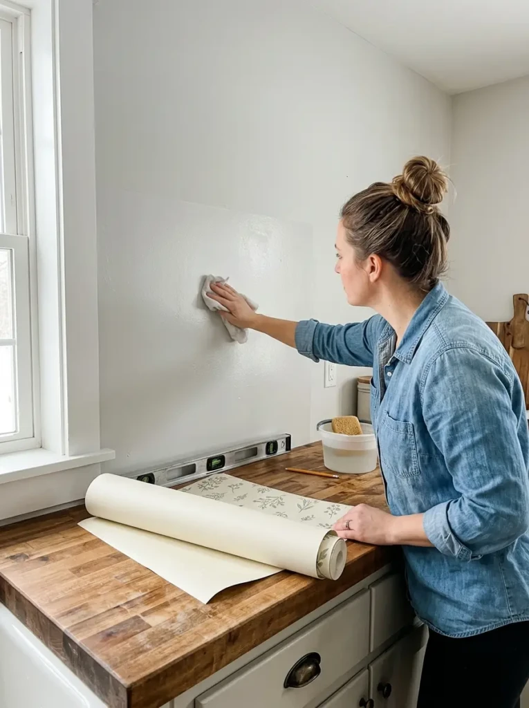Person installing peel-and-stick wallpaper in farmhouse kitchen with tools and natural lighting