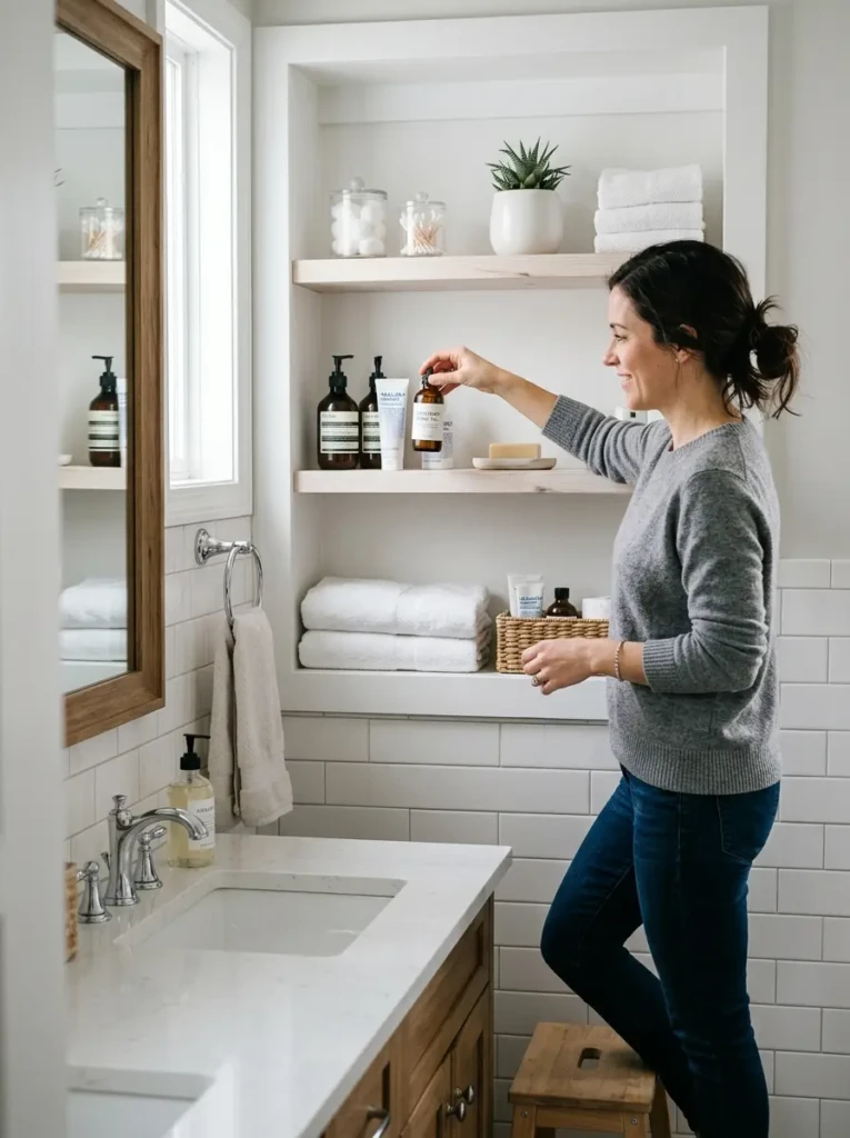Person tidying bathroom shelves and keeping items neatly arranged and organized