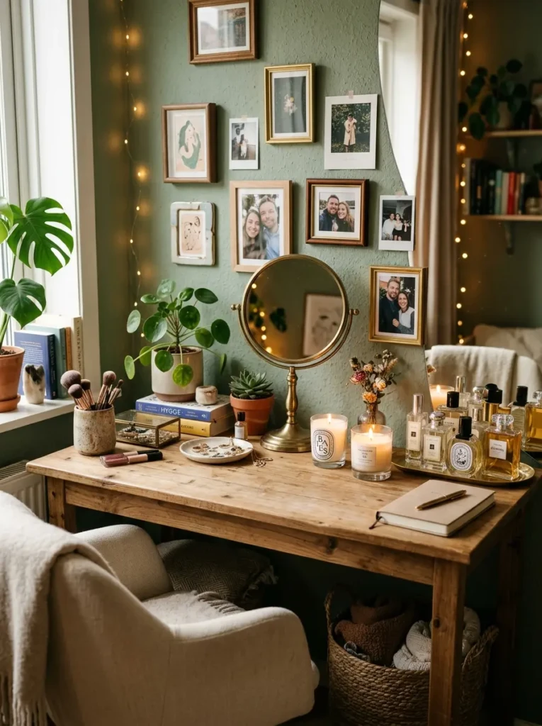 Vanity decorated with perfumes, photos, and plants reflecting personal style