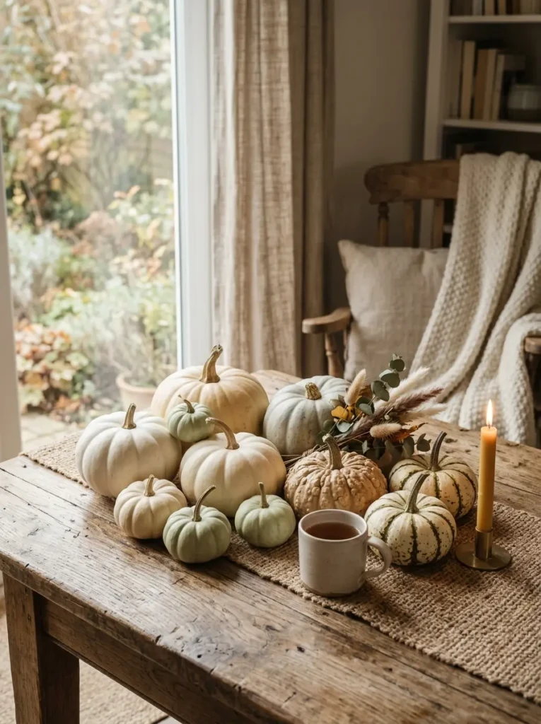 Neutral-colored pumpkins and gourds styled on a rustic wooden table for subtle fall decor