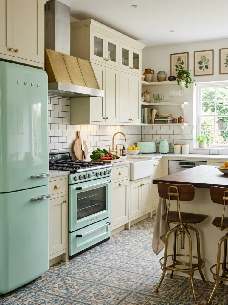 A kitchen featuring pastel retro appliances with modern functionality and vintage aesthetics.