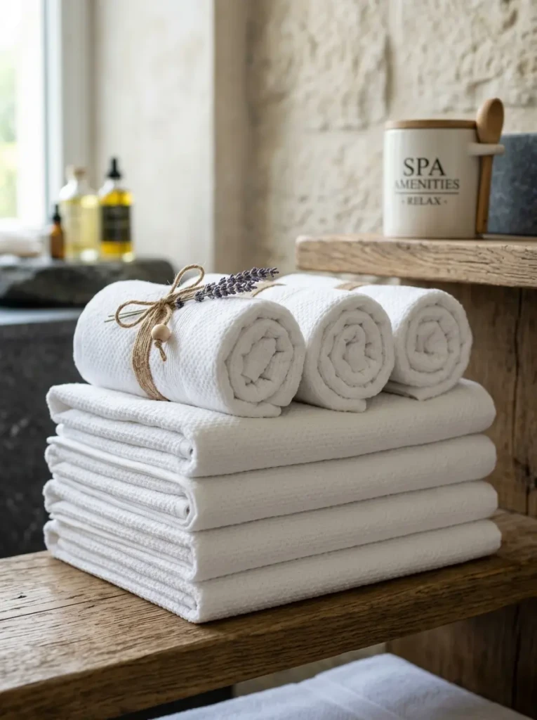 neatly folded and rolled towels arranged in luxury spa style display