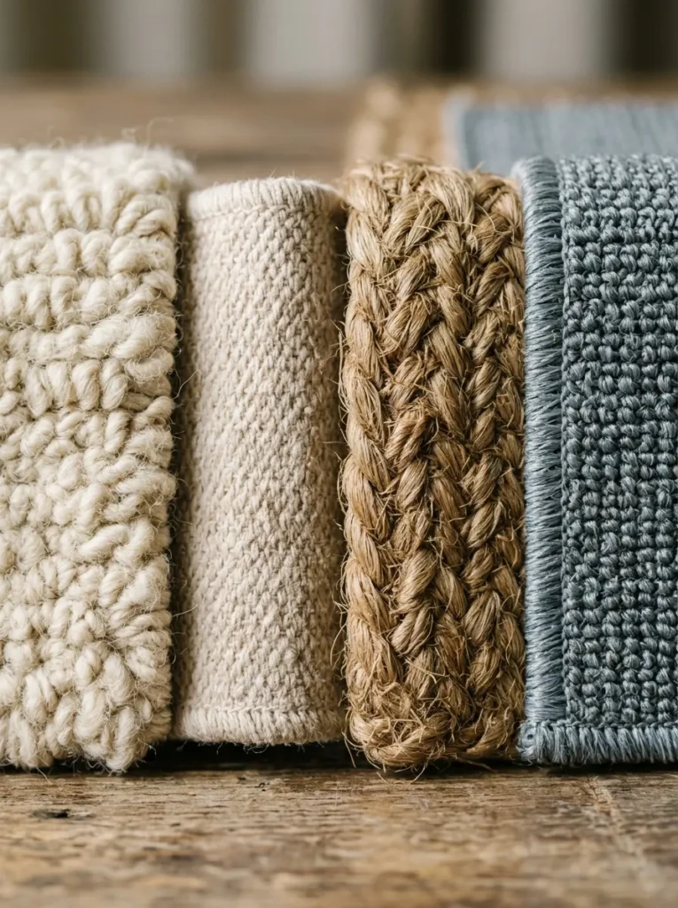 Close-up of different rug materials including wool, cotton, jute, and synthetic fibers