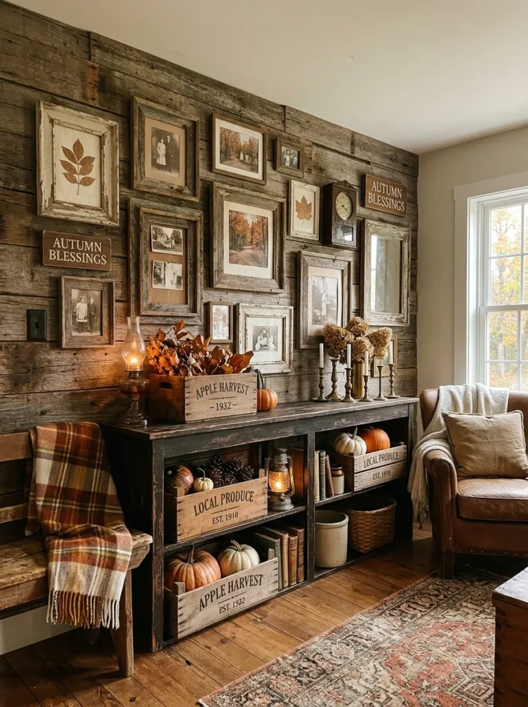 Rustic decor featuring vintage crates, antique frames, and weathered wood accents in warm fall tones