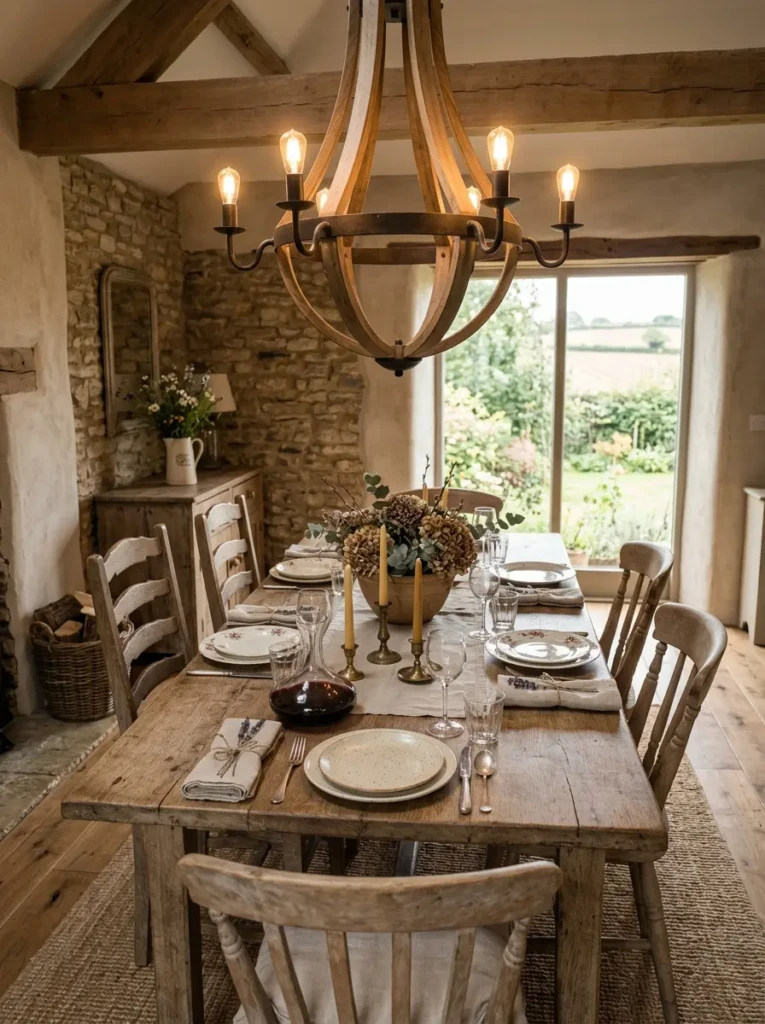 Rustic dining room decor with wooden chandelier, vintage tableware, and soft neutral tones