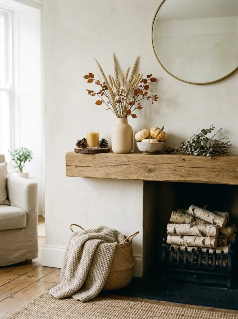 Simple rustic fall decor with neutral tones, wooden textures, and a clean uncluttered aesthetic