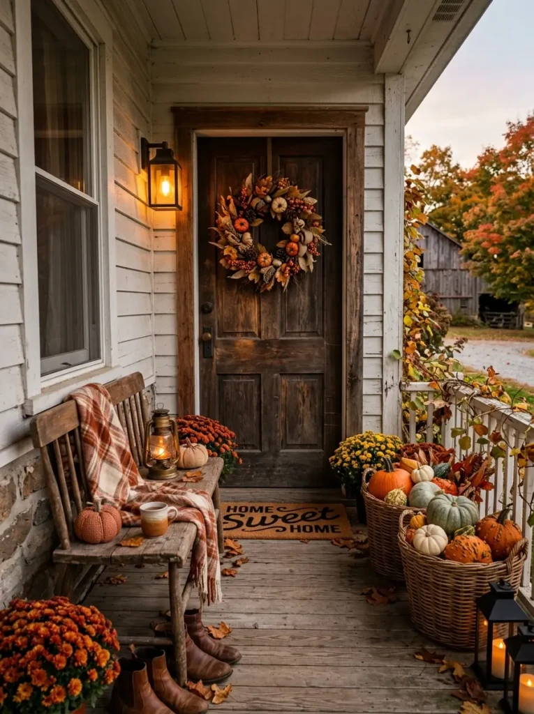 Cozy rustic entryway with wooden bench, plaid blanket, baskets of pumpkins, and autumn wreath on door