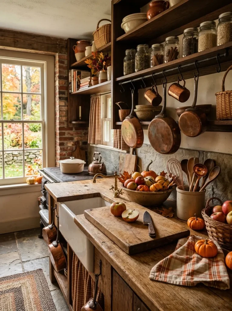 Rustic kitchen with wooden cutting boards, copper utensils, and seasonal fruits like apples and squash