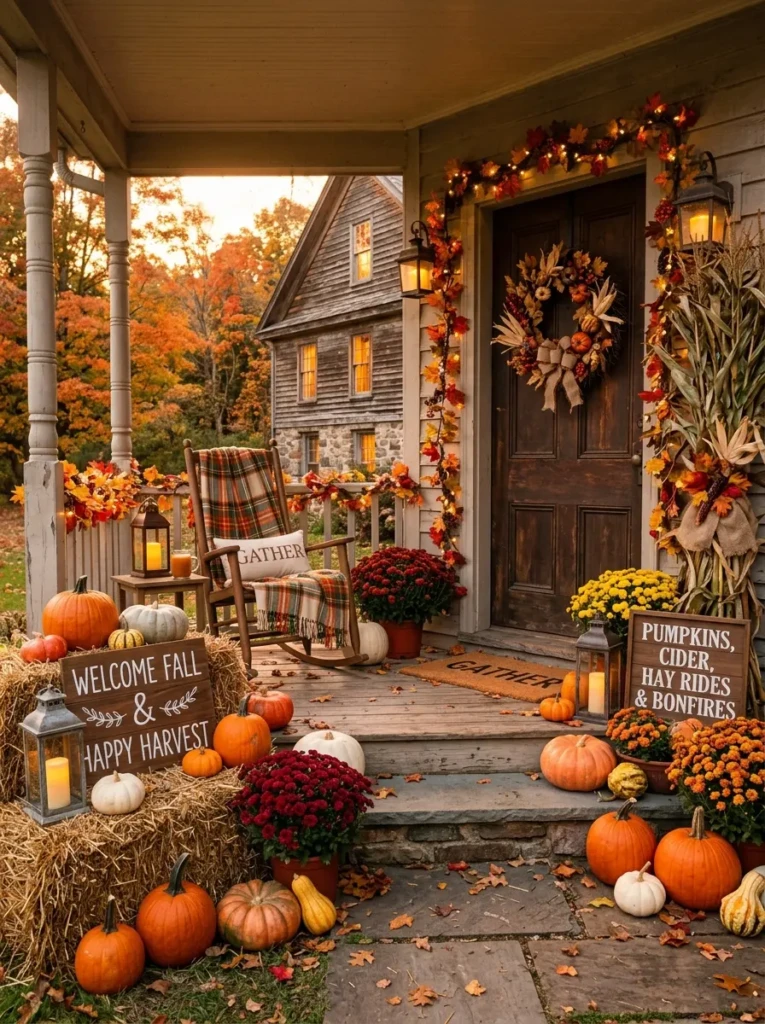 Rustic front porch with hay bales, lanterns, pumpkins, and autumn leaves creating a welcoming entrance