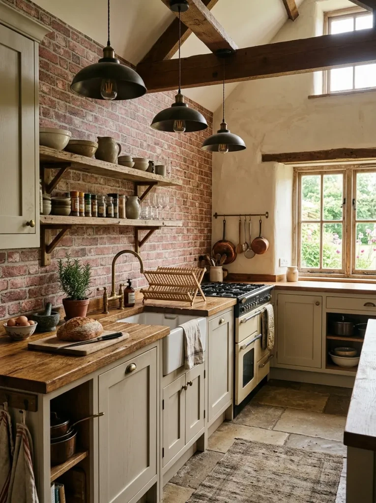 Farmhouse kitchen cabinets with brick-effect wallpaper adding texture and rustic charm to the space