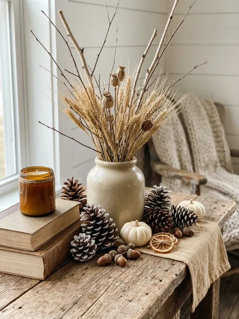 Rustic decor using pinecones, branches, and dried wheat arranged on wooden surfaces