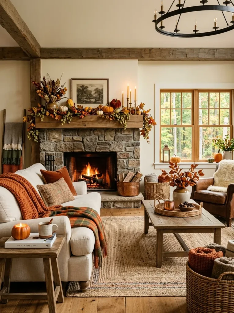 Beautiful rustic home interior with cohesive fall decor, warm tones, and natural textures creating a cozy atmosphere