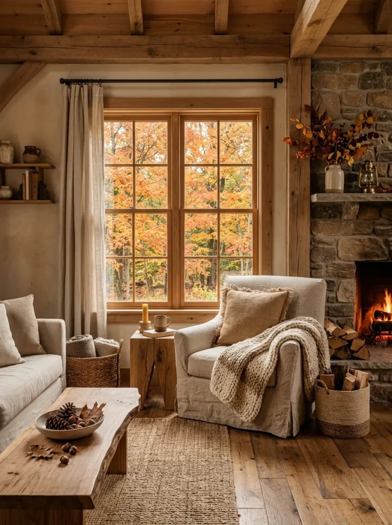 Rustic home interior with natural materials like wood and linen, styled in warm neutral tones for fall season