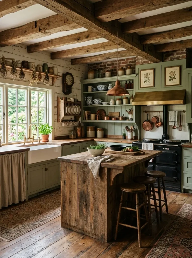 A rustic kitchen design featuring exposed wooden beams and farmhouse-style decor.