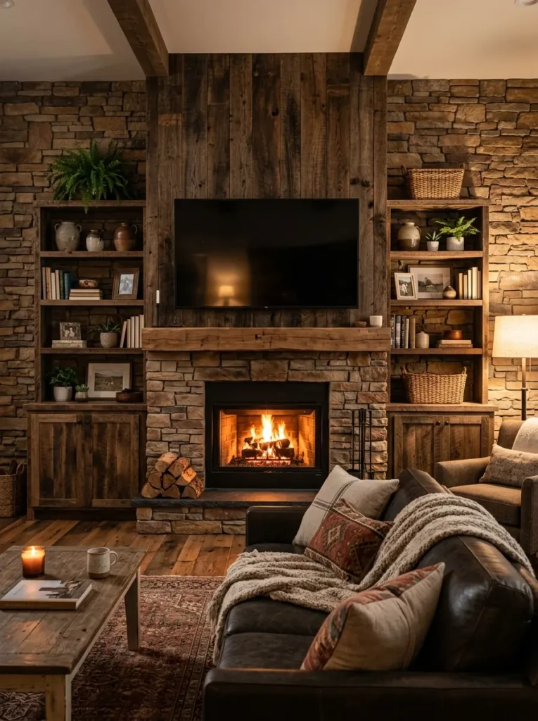 Cozy media wall with wood paneling and stone textures in a warm rustic living room