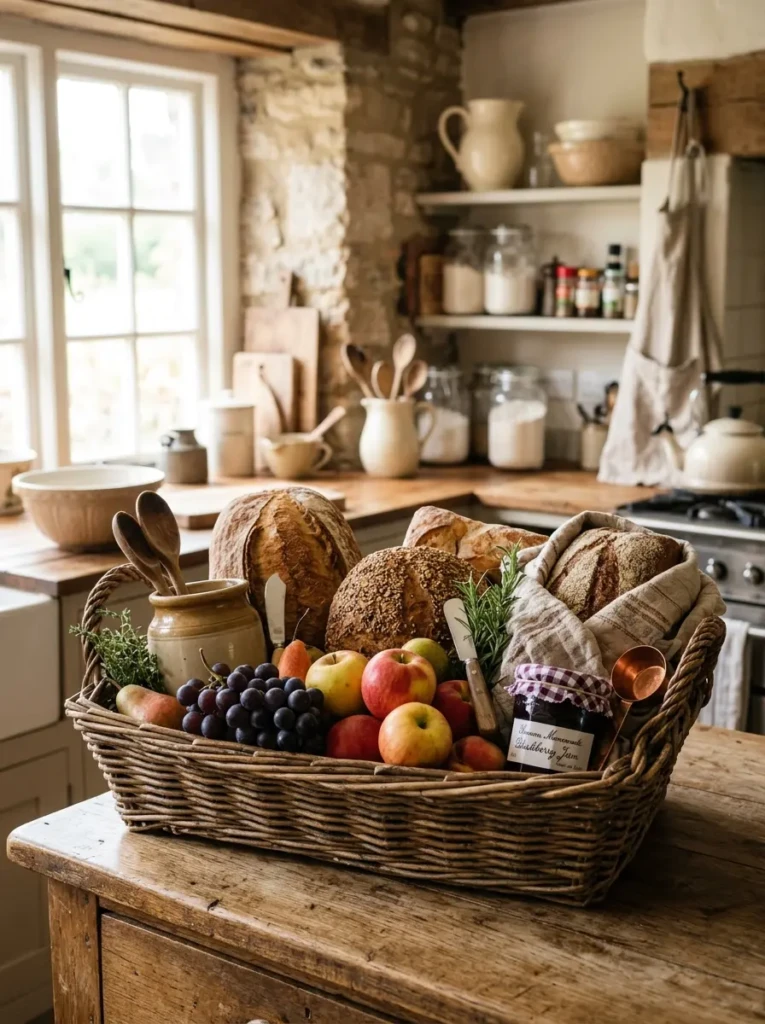 A wicker basket filled with bread and fruits placed in a farmhouse-style kitchen