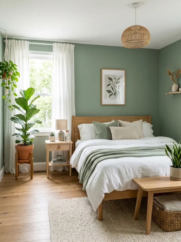 Modern sage green bedroom with white linen bedding, wooden bed frame, indoor plants, and soft natural lighting.