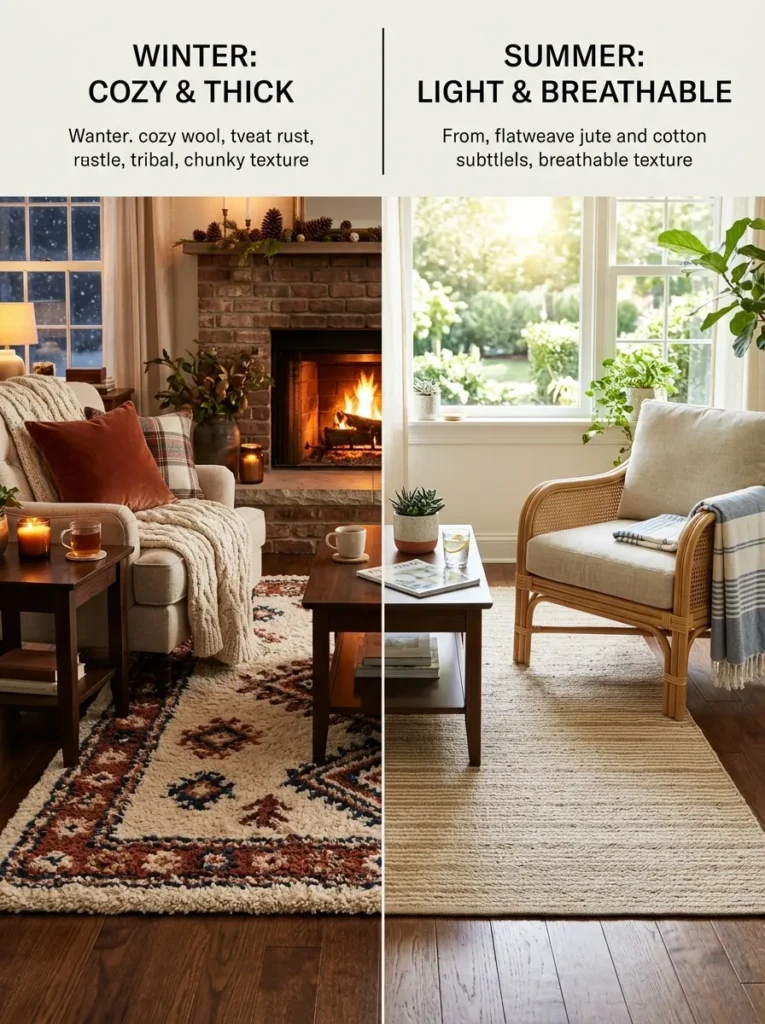Comparison of cozy winter rug and light summer rug in a stylish living room
