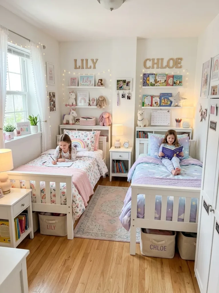 Shared bedroom with twin beds, pastel decor, and personalized spaces for sisters