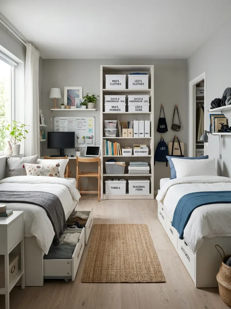 Organized small bedroom with labeled storage boxes and divided shelves