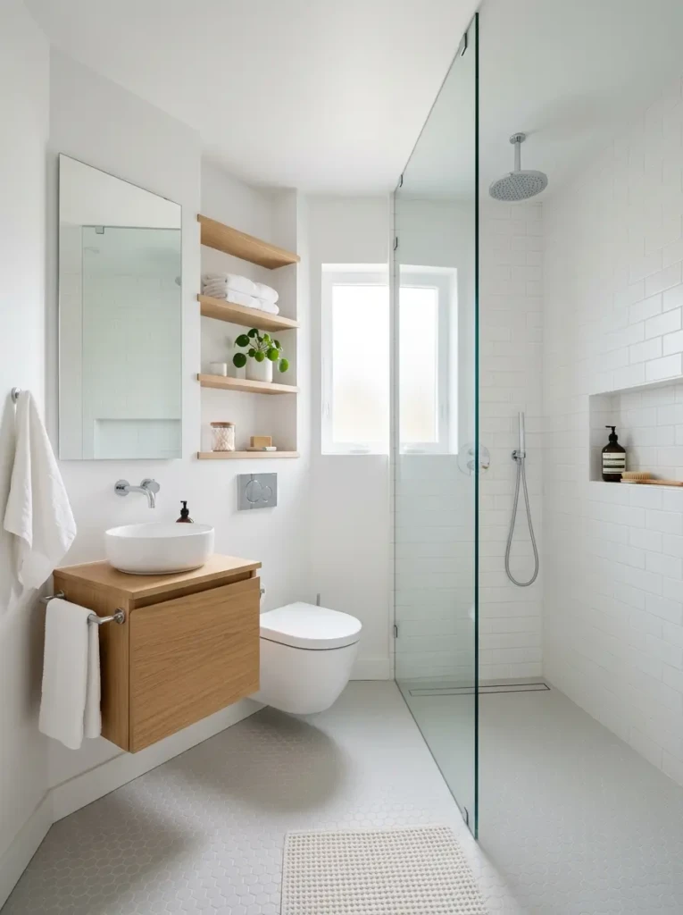 Compact bathroom with frameless glass shower divider and open airy modern design.