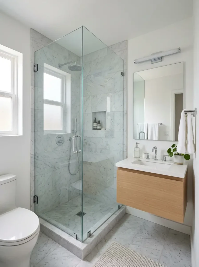 Tiny bathroom with walk-in glass shower only design, frameless enclosure, and modern vanity.