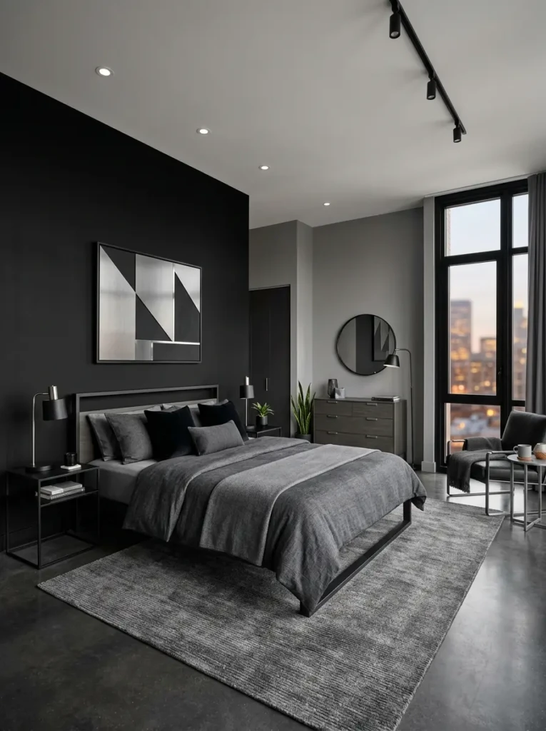 A modern black and grey bedroom with minimalist furniture and metallic accents