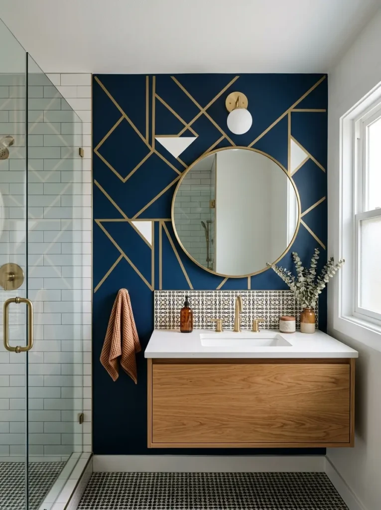 Tiny bathroom with geometric accent wall tiles behind vanity and modern mirror styling.