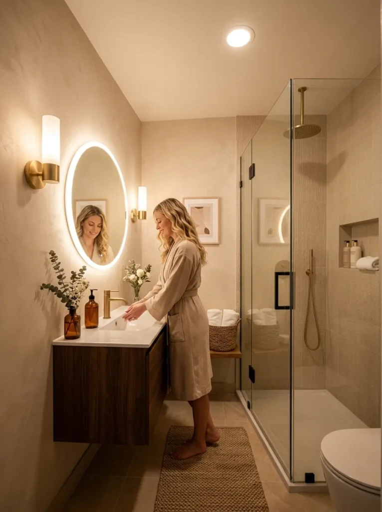 Tiny bathroom with layered lighting, LED mirror, wall sconces, and bright warm ambiance.