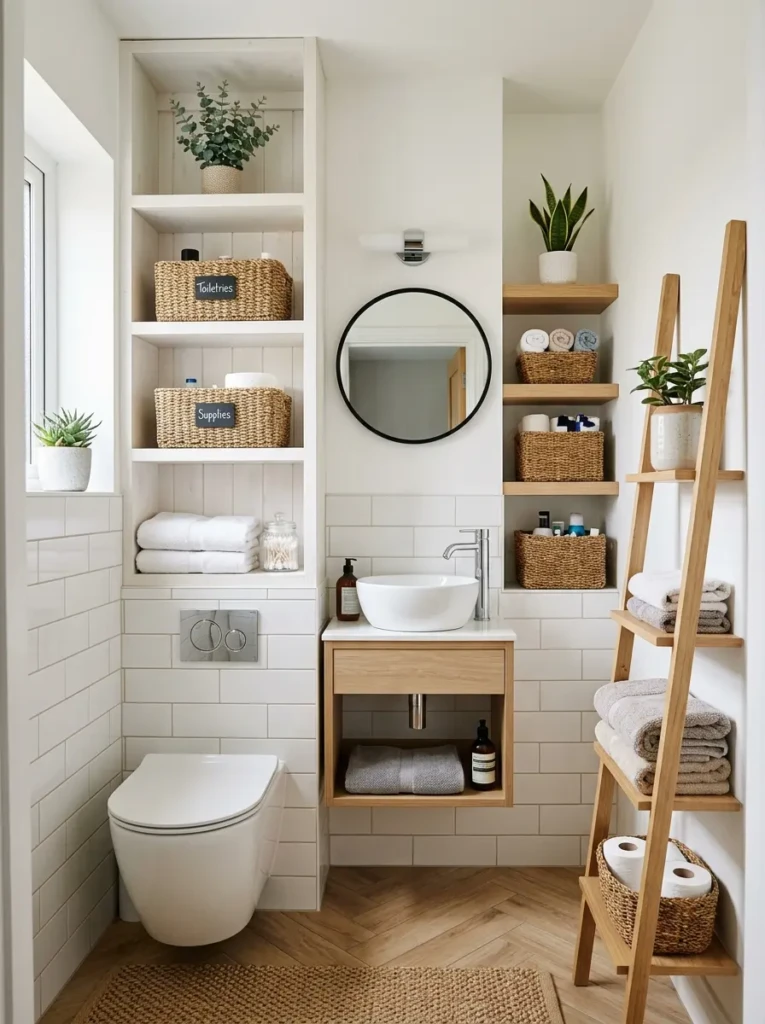 Tiny bathroom with vertical shelves, storage baskets, and smart space-saving organization.
