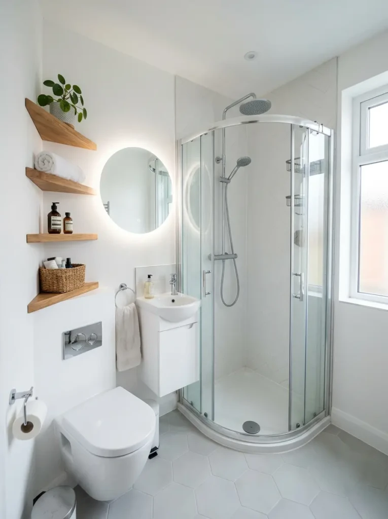 Compact bathroom using corner sink, corner shower, and floating shelves to maximize space.