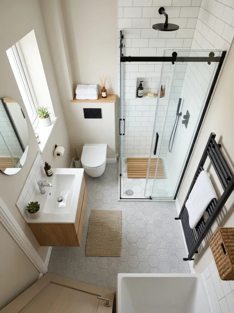 Smart small bathroom makeover layout with floating vanity, glass shower, and efficient compact floor plan.