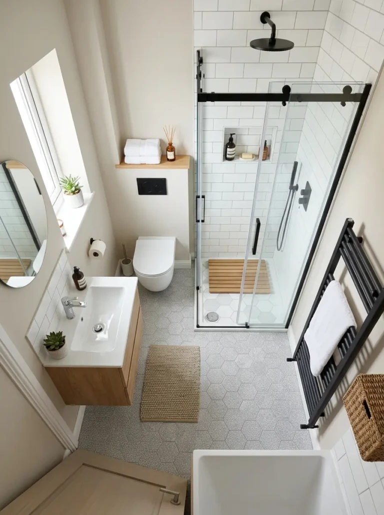 Smart small bathroom makeover layout with floating vanity, glass shower, and efficient compact floor plan.