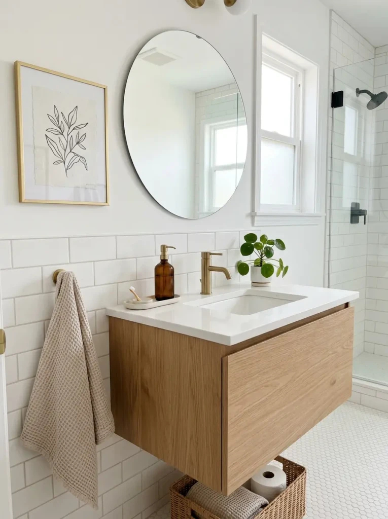 Modern small bathroom with minimal decor, framed art, soap dispenser, and clean vanity.