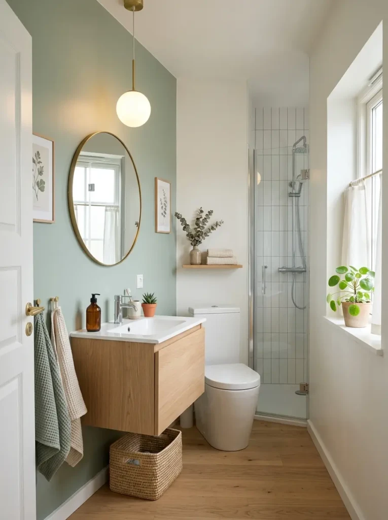 Bright small bathroom with soft white and sage green walls, mirror, and minimalist decor.
