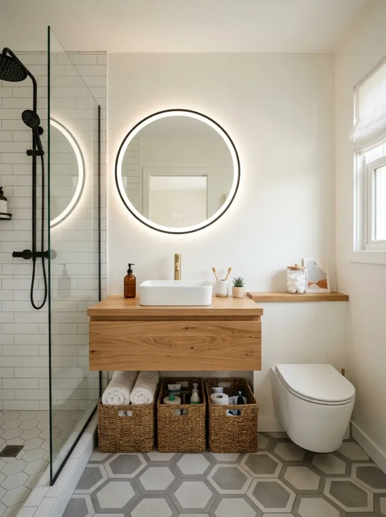 Compact bathroom featuring a floating wood vanity, round mirror, and clean modern styling.